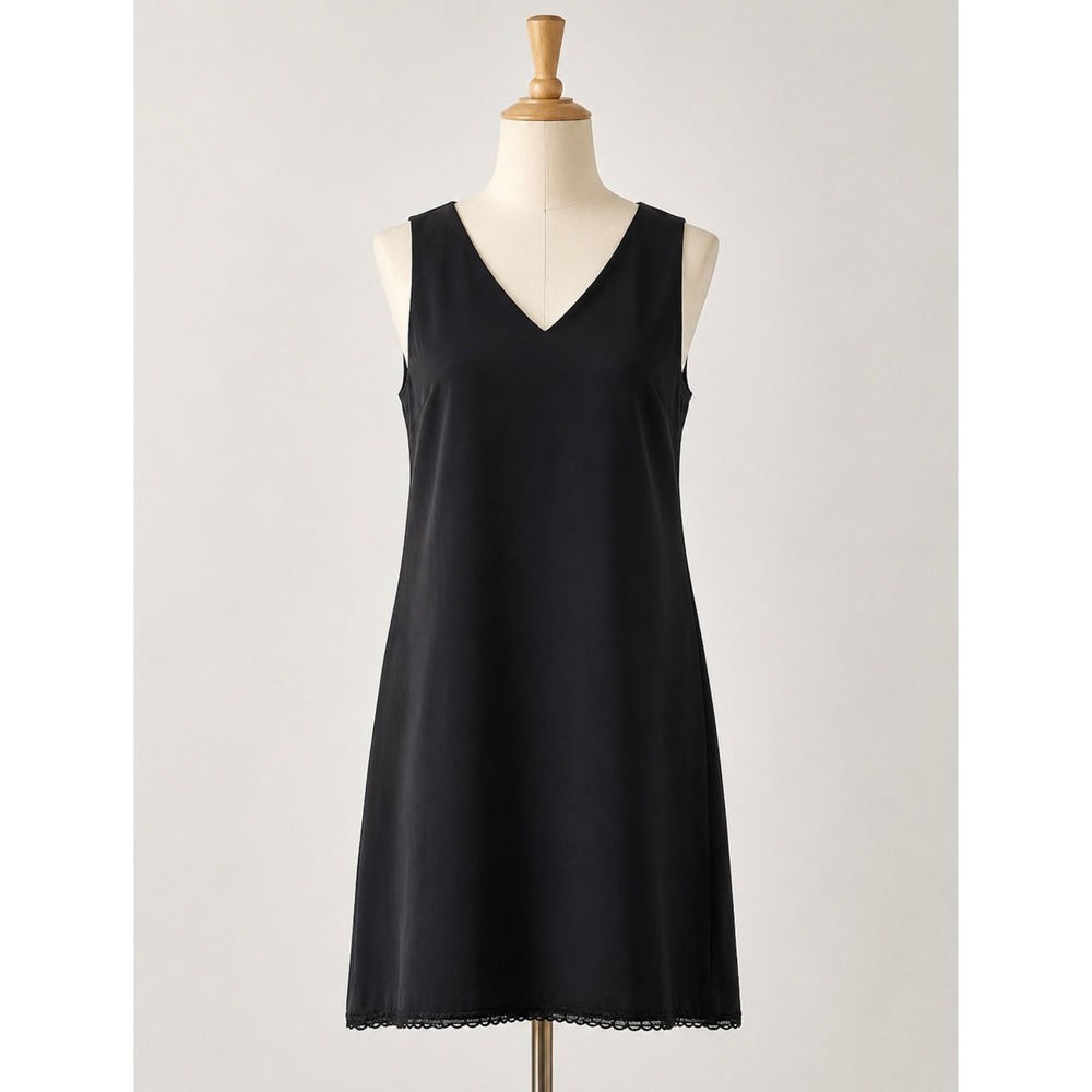 AB Studio Womens 16 Black V-Neck Sleeveless Shift Dress with‎ Pockets Lace Hem